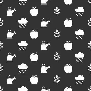 Set Leaf or leaves, Cloud with rain, Watering can and Apple on seamless pat.. 库存插图