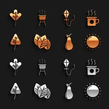 Set Leaf or leaves, Cup of tea, Sun, Pear, Kite, and Barbecue grill icon. Vector Stock Illustration