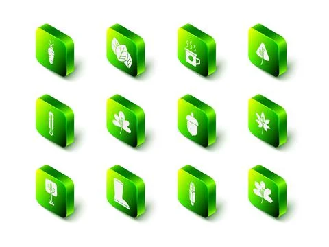 Set Leaf or leaves, Cup of tea, Acorn, Corn and Waterproof rubber boot icon Stock Illustration