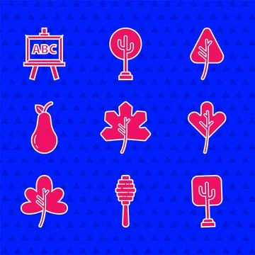 Set Leaf or leaves, Honey dipper stick, Tree, Pear, and Chalkboard icon. Vector Illustrazione stock