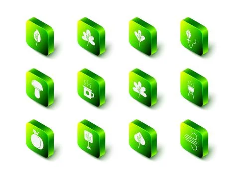Set Leaf or leaves, Kite, Barbecue grill, Wind, and Tree icon. Vector Stock Illustration