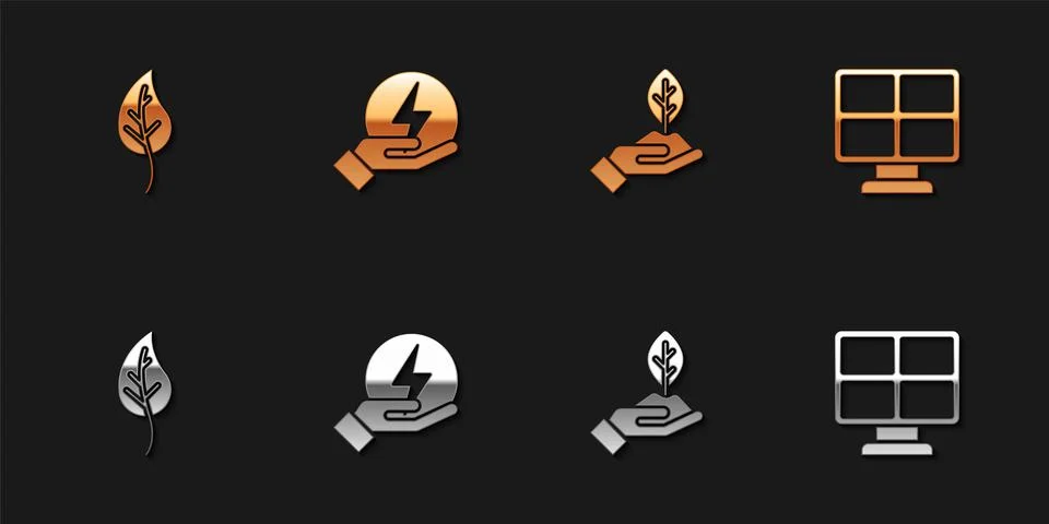 Set Leaf or leaves, Lightning bolt, Plant hand and Solar energy panel icon. V Stock Illustration