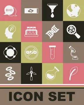 Set Leaf or leaves, Microscope, Microorganisms under magnifier, Funnel filter Stock Illustration