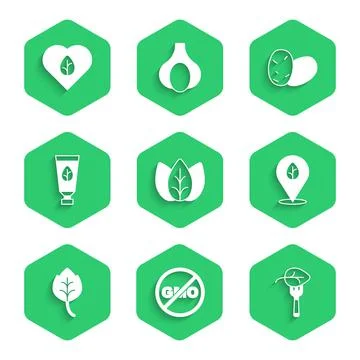 Set Leaf or leaves, No GMO, Vegan food diet, Organic cosmetic, Potato and  ic Stock Illustration