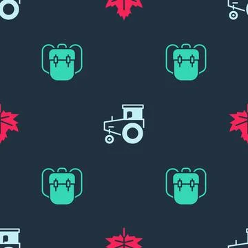 Set Leaf or leaves, Tractor and School backpack on seamless pattern. Vector イラスト素材