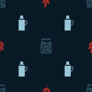 Set Leaf, Pickled cucumbers in jar and Thermos container on seamless pattern. Illustrazione stock