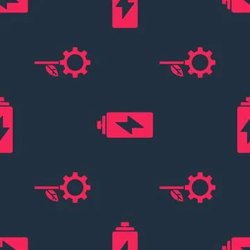Set Leaf plant in gear machine and Battery on seamless pattern. Vector Stock Illustration