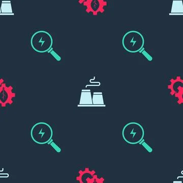 Set Leaf plant in gear machine, Factory and Lightning bolt on seamless pattern イラスト素材