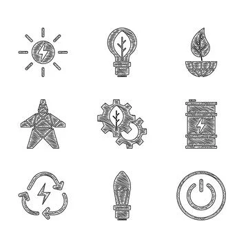 Set Leaf plant in gear machine, Light bulb, Power button, Bio fuel barrel Stock Illustration