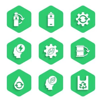 Set Leaf plant in gear machine, Plastic bag recycle, Eco fuel barrel, Recyc.. Stock Illustration