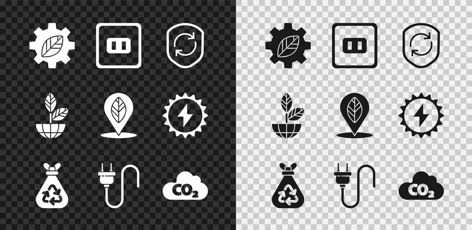 Set Leaf plant in gear machine, Electrical outlet, Recycle symbol inside sh.. Stock Illustration