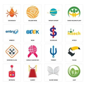 Set of leaf, silver wings, retropie, trident, working class, us dollar, embry Illustrazione stock gratuita