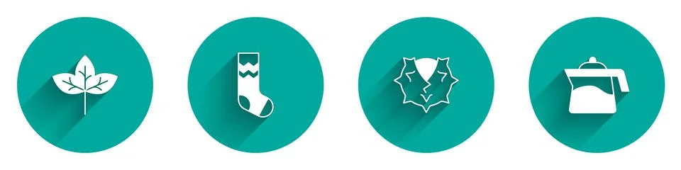 Set Leaf, Socks, Chestnut and Teapot icon with long shadow. Vector Stock Illustration