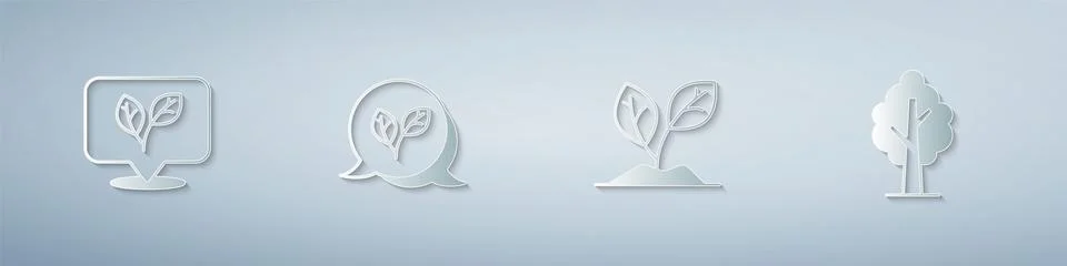 Set Leaf, Sprout and Tree. Paper art style. Vector Stock Illustration