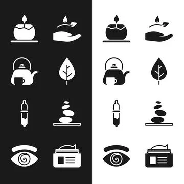 Set Leaf, Teapot with cup, Aroma candle, in hand, Pipette, Stack hot stones イラスト素材