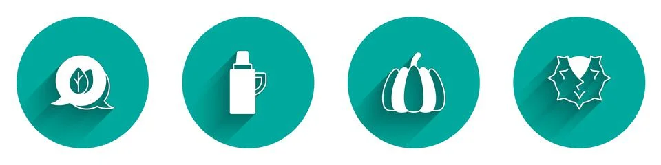 Set Leaf, Thermos container, Pumpkin and Chestnut icon with long shadow. Vector Stock Illustration