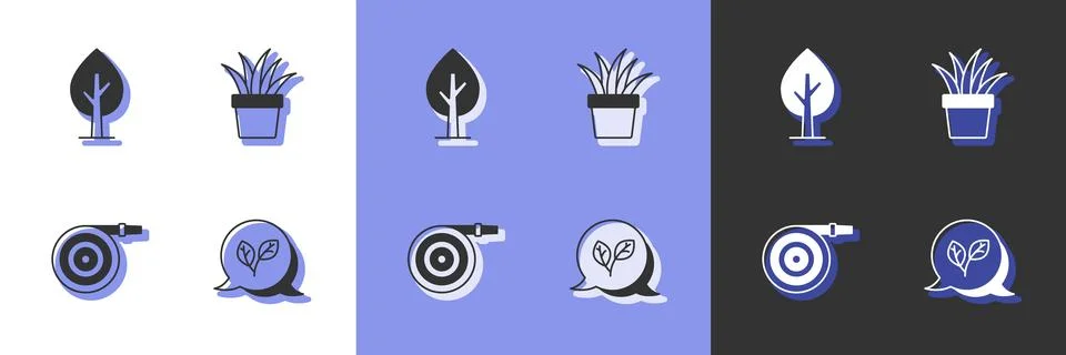 Set Leaf, Tree, Garden hose and Plant in pot icon. Vector Stock Illustration