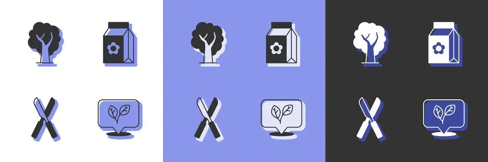 Set Leaf, Tree, Gardening scissors and Pack full of seeds icon. Vector Illustrazione stock