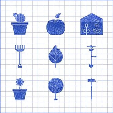 Set Leaf, Tree, Hammer, Grass and weed electric string trimmer, Flower pot Ilustración de archivo