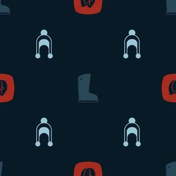 Set Leaf, Waterproof rubber boot and Winter hat on seamless pattern. Vector Illustrazione stock