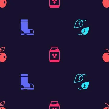 Set Leaf, Waterproof rubber boot, Jar honey and Apple on seamless pattern Stock Illustration
