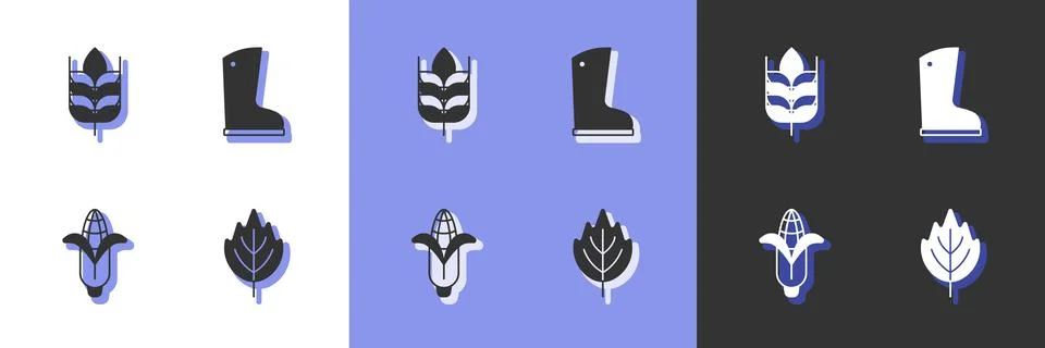 Set Leaf, Wheat, Corn and Waterproof rubber boot icon. Vector Stock Illustration