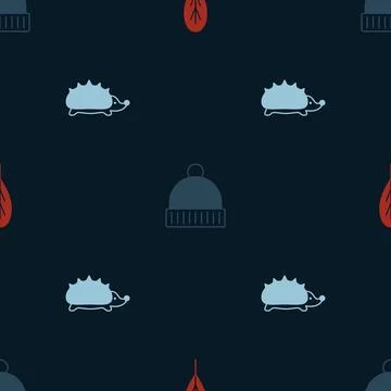 Set Leaf, Winter hat and Hedgehog on seamless pattern. Vector Illustrazione stock