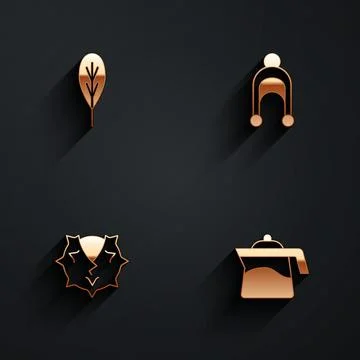 Set Leaf, Winter hat, Chestnut and Teapot icon with long shadow. Vector Stock Illustration