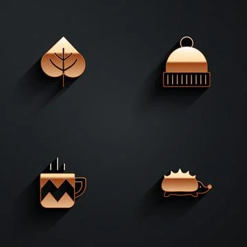Set Leaf, Winter hat, Cup of tea and Hedgehog icon with long shadow. Vector Stock Illustration