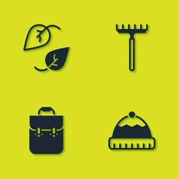 Set Leaf, Winter hat, School backpack and Garden rake icon. Vector 库存插图