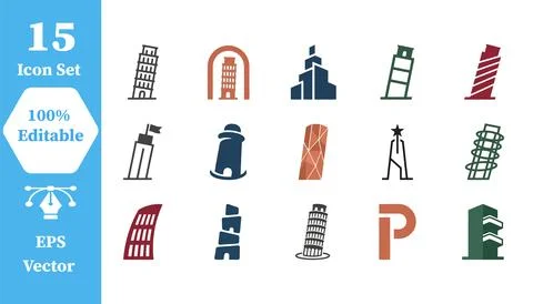 Set of leaning tower of pisa architectural icons with architecture, building Stock Illustration