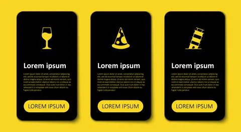 Set Leaning tower in Pisa, Slice of pizza and Wine glass. Business infographic Ilustración de archivo