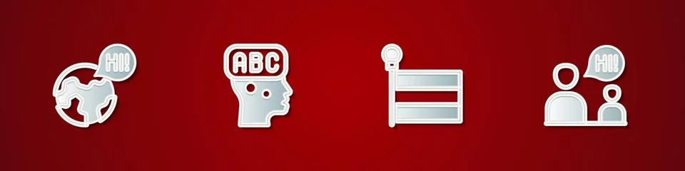 Set Learning foreign languages, Flag and Two sitting men talking icon. Vector Illustrazione stock