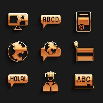 Set Learning foreign languages, Graduate and graduation cap, Chalkboard, Fl.. イラスト素材