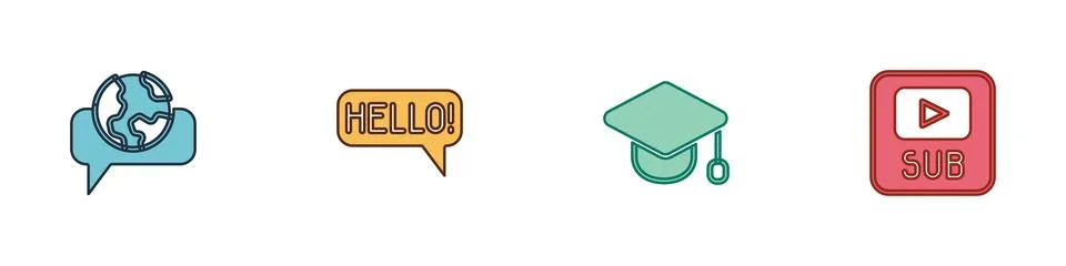 Set Learning foreign languages, Hello different, Graduation cap and Video w.. Stock Illustration