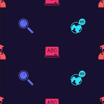 Set Learning foreign languages, Magnifying glass, Chalkboard and Graduate and Stock Illustration