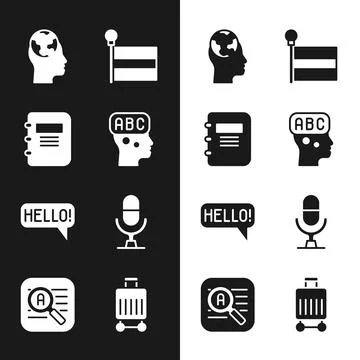 Set Learning foreign languages, Notebook, Flag, Hello different, Microphone Illustrazione stock