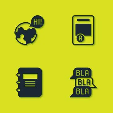 Set Learning foreign languages, Speech bubble chat, Notebook and Exam sheet with Stock Illustration