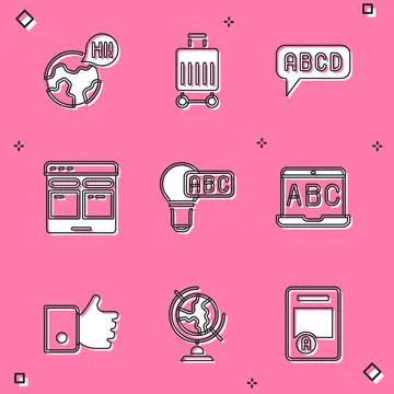 Set Learning foreign languages, Suitcase, Alphabet, Online translator, Creative Illustrazione stock