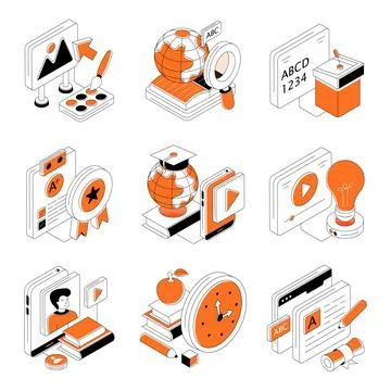 Set of Learning Isometric Illustrations Stock Illustration