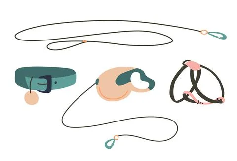 Set of Leashs, harness and .collar for pet. Objects isolated on white background Stock Illustration