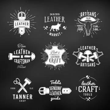 Set of leather craft logo designs, retro genuine vintage tool labels. artisans Stock Illustration