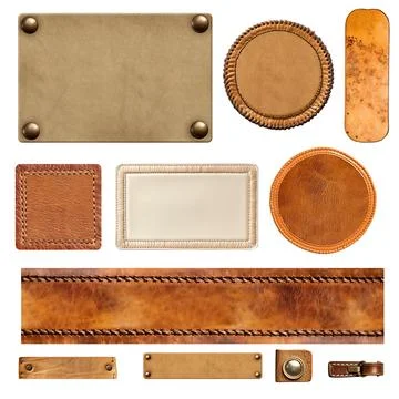 Set of leather elements. Isolated on white background. Collection of belt o.. Stockfoto's
