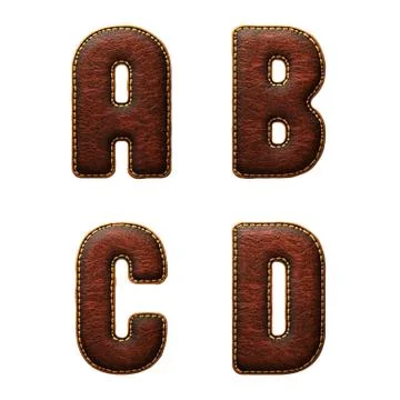 Set of leather letters A, B, C, D uppercase. 3D render font with skin texture Stock Illustration