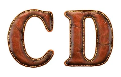 Set of leather letters C, D uppercase. 3D render font with skin texture isolated Stock Illustration