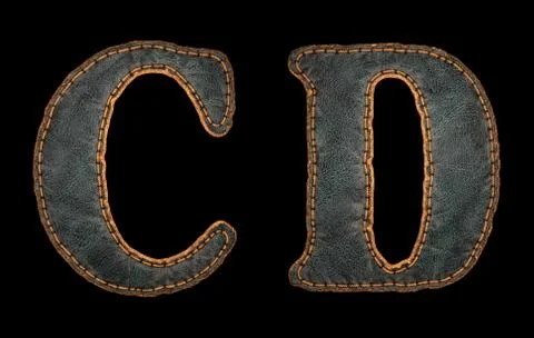 Set of leather letters C, D uppercase. 3D render font with skin texture isolated Stock Illustration