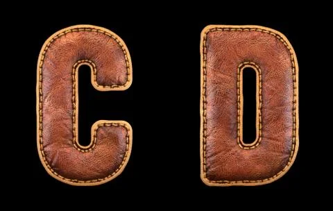 Set of leather letters C, D uppercase. 3D render font with skin texture isolated Stock Illustration