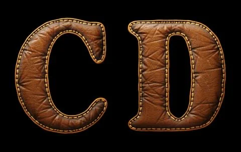 Set of leather letters C, D uppercase. 3D render font with skin texture isolated Stock Illustration