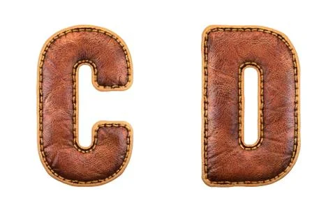 Set of leather letters C, D uppercase. 3D render font with skin texture isolated Illustrazione stock