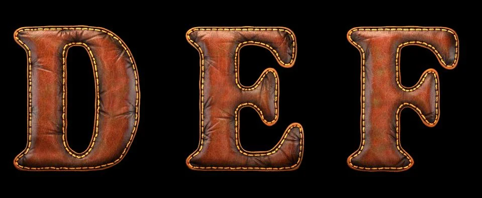 Set of leather letters D, E, F uppercase. 3D render font with skin texture Stock Illustration